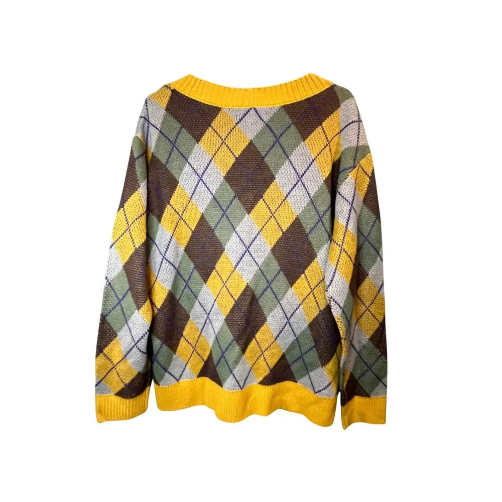 PacSun Mens Argyle Cardigan Yellow Green Brown V-Neck Button Front‎ Size M